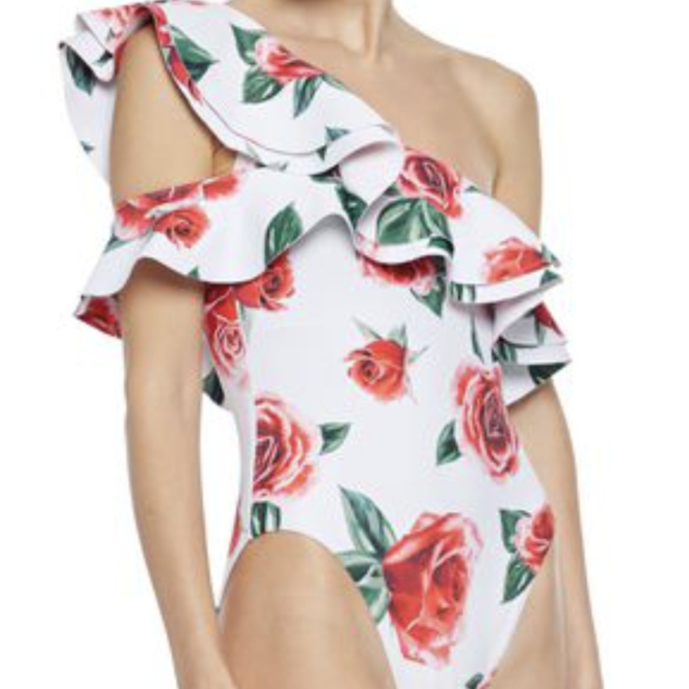 ONIA Stella Ruffled Shoulder Flower Swimsuit
